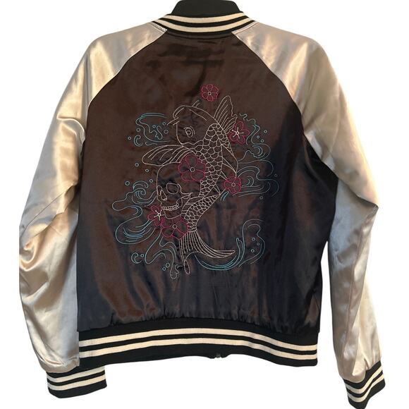 GUC Hot Topic Baseball Style Jacket Front Zipper Pockets Skull Koi Fish Size L - Picture 2 of 6